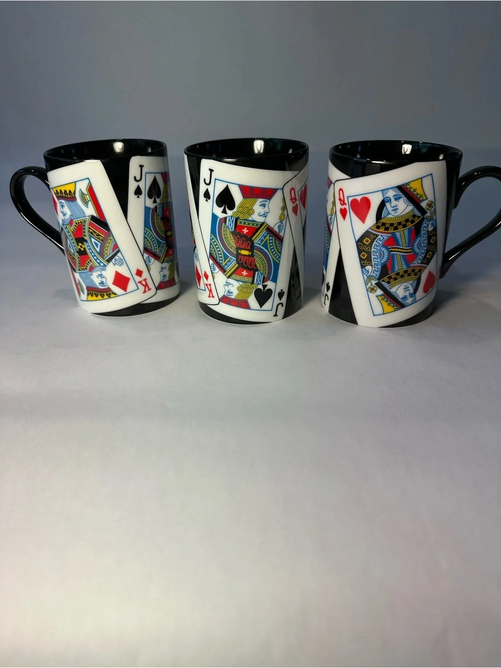 Fitz and Floyd Playing Card Ceramic Mug Set — White Exteriors, Black Interiors